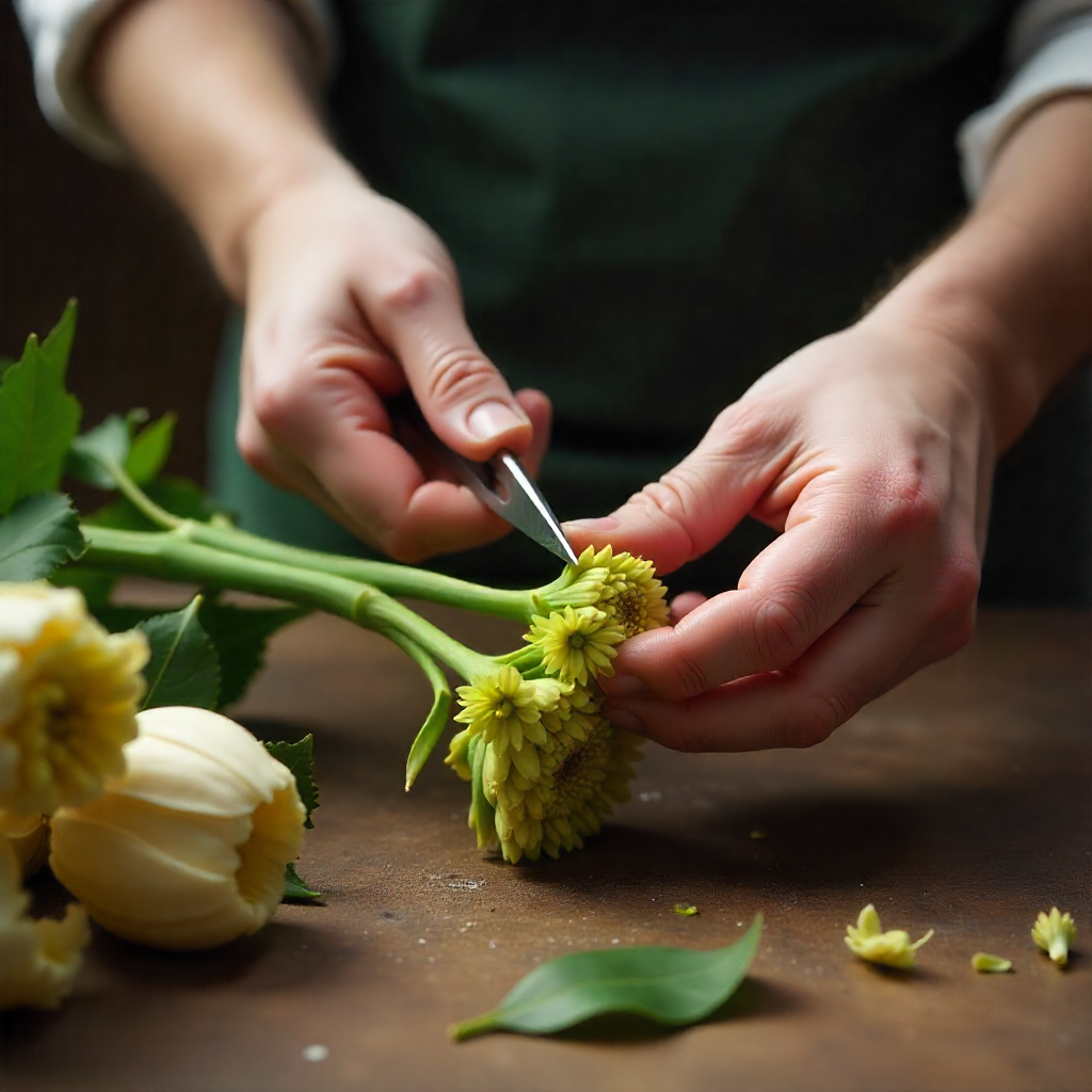 Flower care demonstration showing proper stem trimming technique
