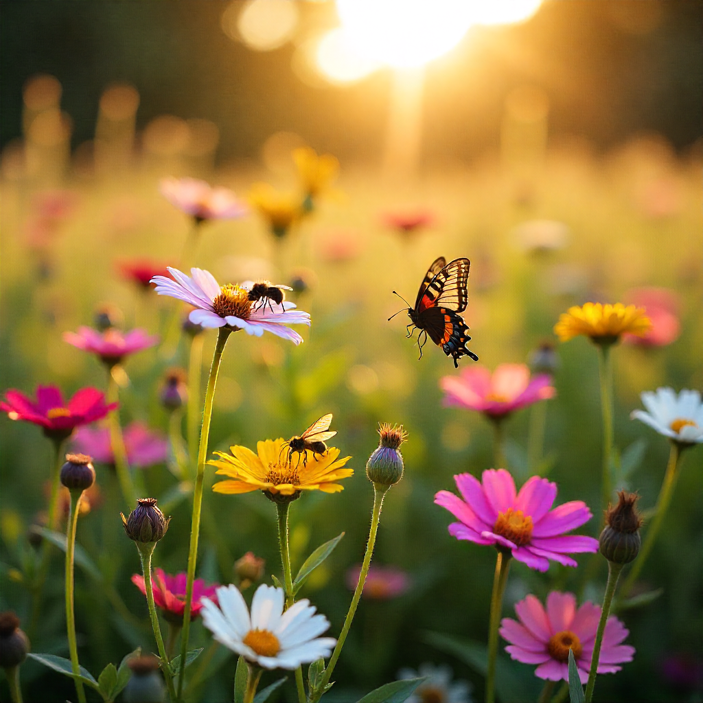 Chemical-free flower field with diverse native blooms and natural pollinators